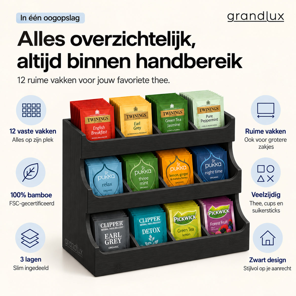 Grandlux Theedoos 12 Vaks - Capsulehouder - Zwart (pre-order)