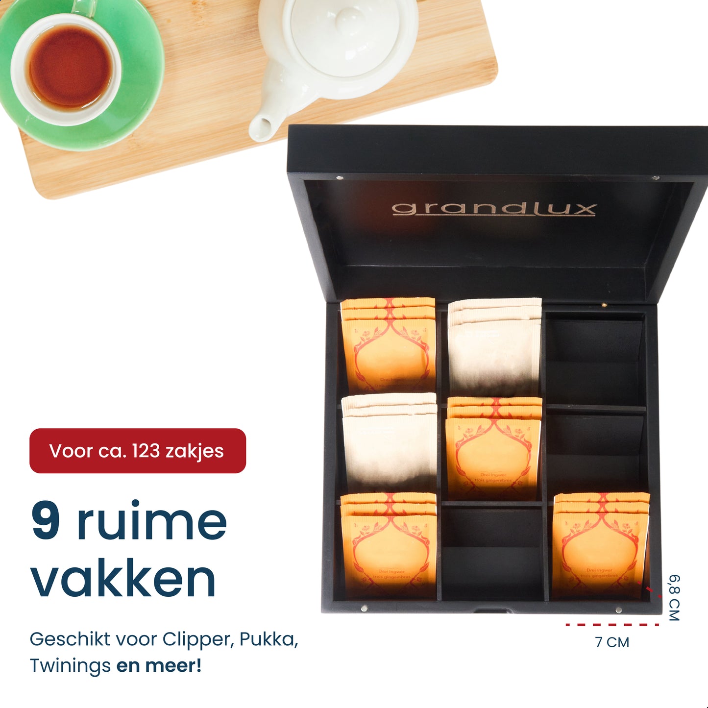 Grandlux Theedoos 9 Vaks – 100% FSC Bamboe – Zwart