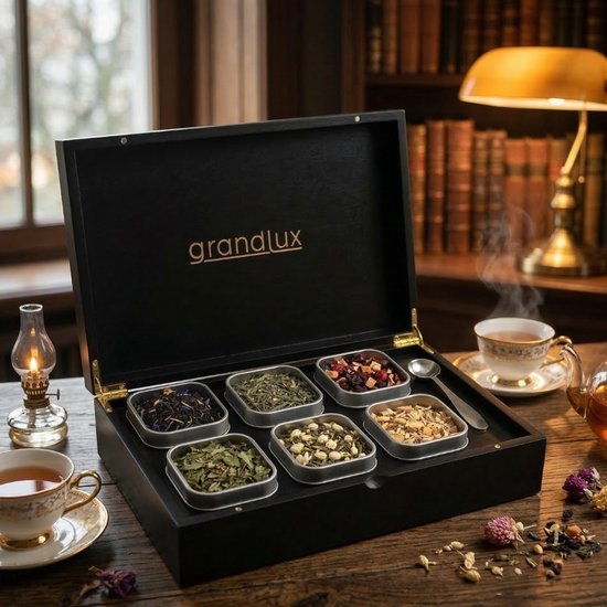 Zwarte Grandlux theedoos met losse thee in een sfeervolle leeskamer