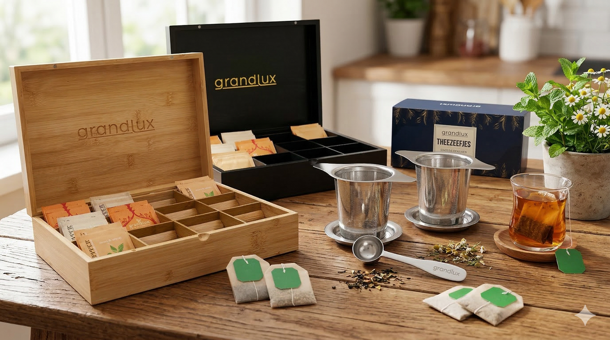 Grandlux bamboe en zwarte theedoos met theezeef op een houten keukentafel