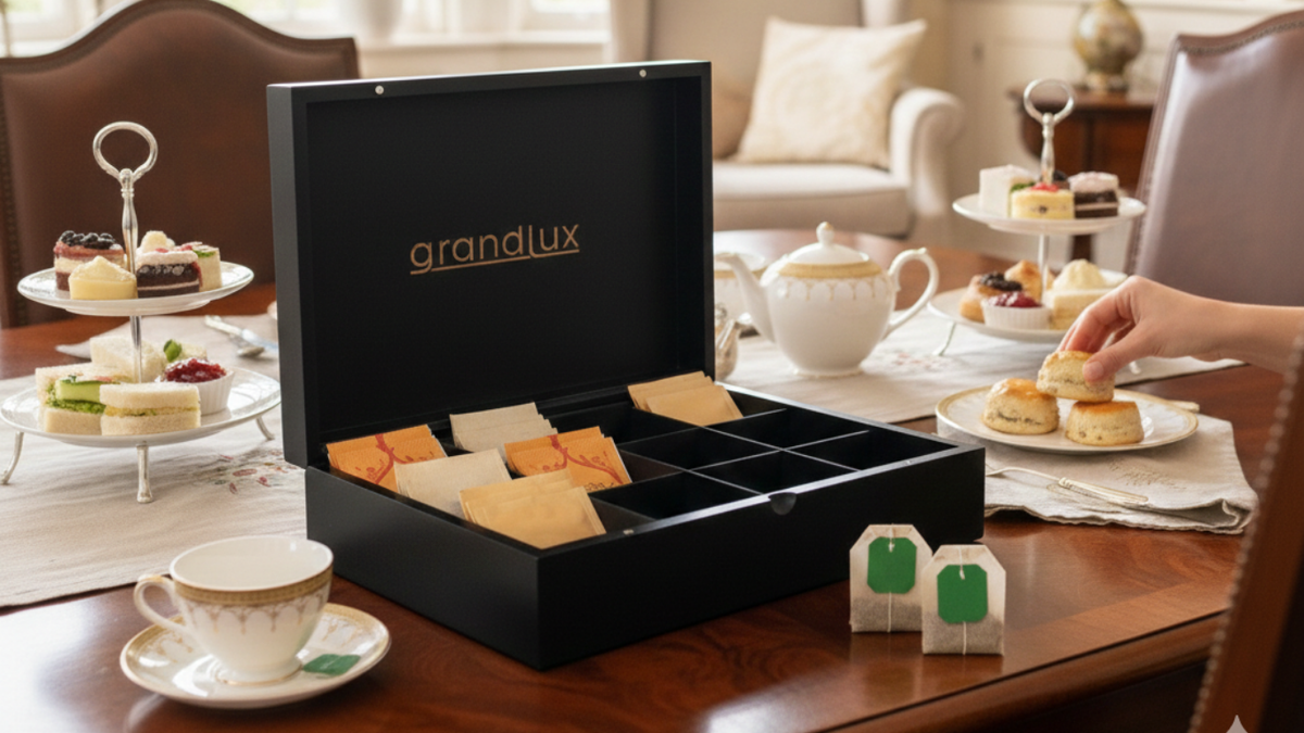 Zwarte Grandlux theedoos op een gedekte high-tea tafel