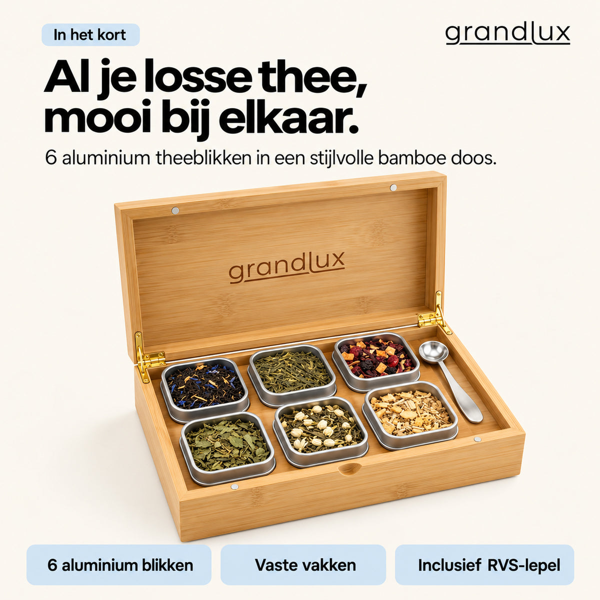 Grandlux Theedoos 6 vaks voor Losse Thee - Naturel (pre-order)