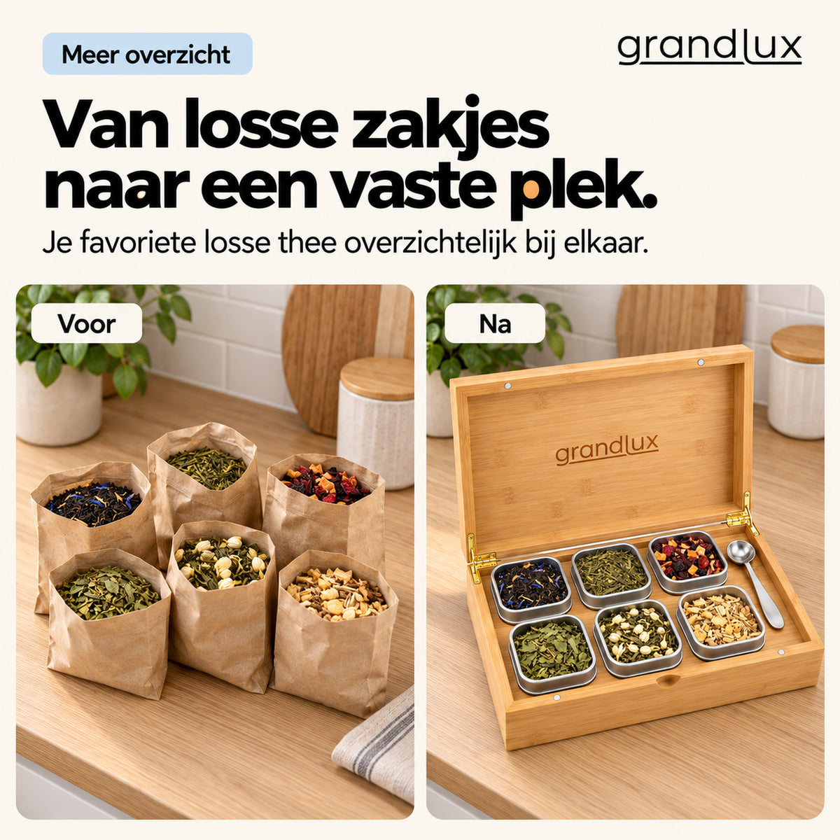 Grandlux Theedoos 6 vaks voor Losse Thee - Naturel (pre-order)