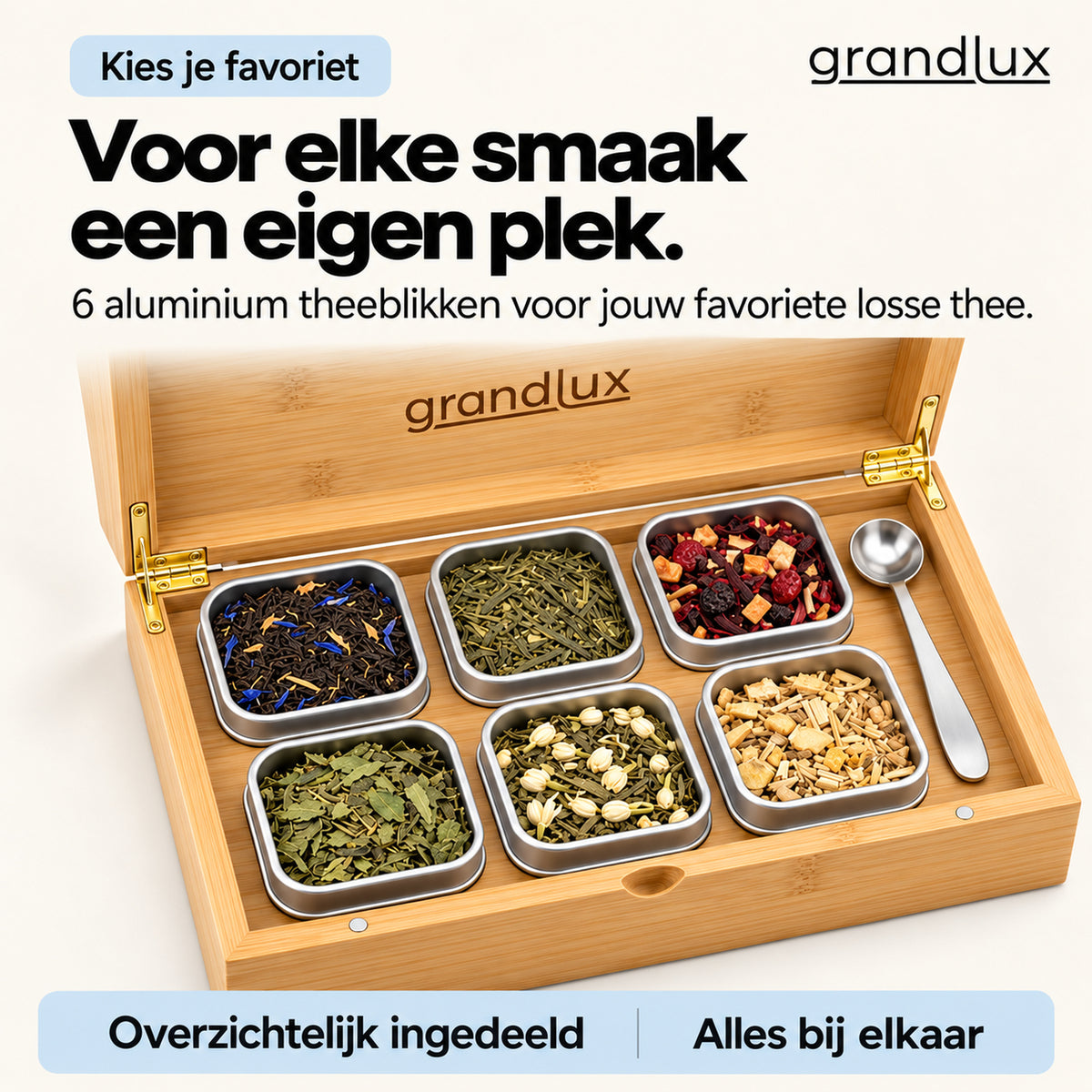 Grandlux Theedoos 6 vaks voor Losse Thee - Naturel (pre-order)