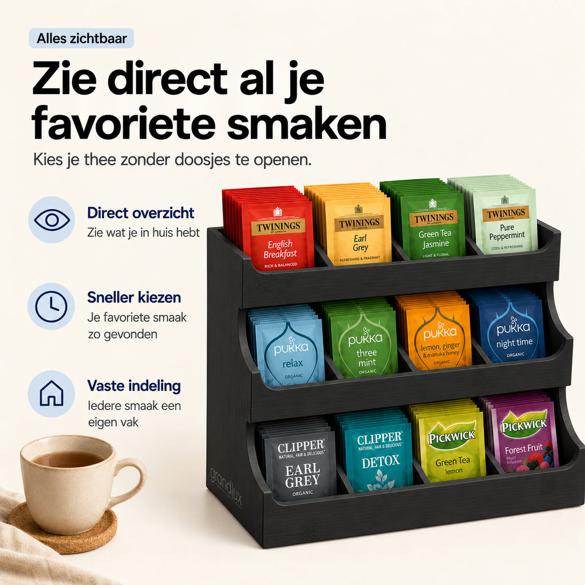 Grandlux Theedoos 12 Vaks - Capsulehouder - Zwart (pre-order)