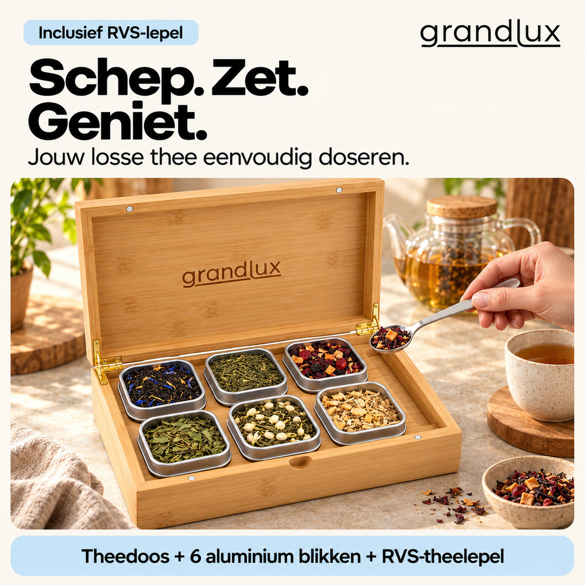 Grandlux Theedoos 6 vaks voor Losse Thee - Naturel (pre-order)