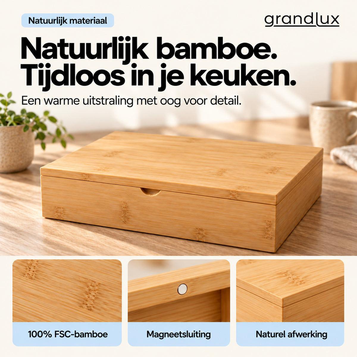 Grandlux Theedoos 6 vaks voor Losse Thee - Naturel (pre-order)
