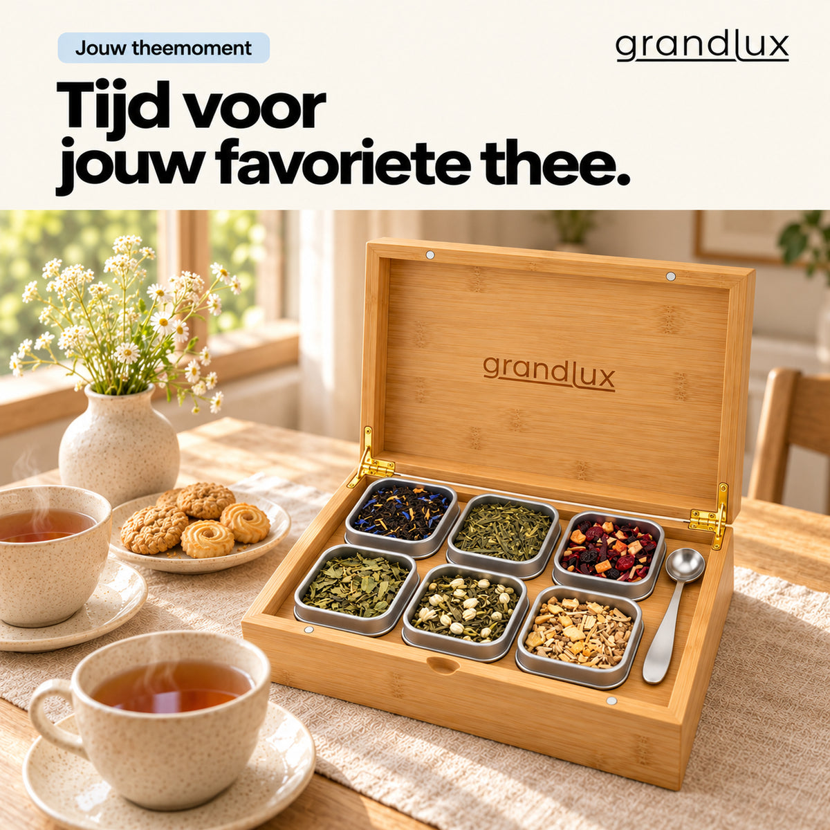 Grandlux Theedoos 6 vaks voor Losse Thee - Naturel (pre-order)
