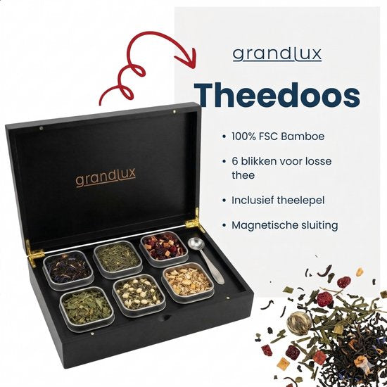 Grandlux Theedoos 6 vaks voor Losse Thee – RVS Lepel – 100% FSC Bamboe – Zwart