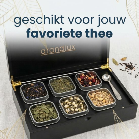 Grandlux Theedoos 6 vaks voor Losse Thee – RVS Lepel – 100% FSC Bamboe – Zwart