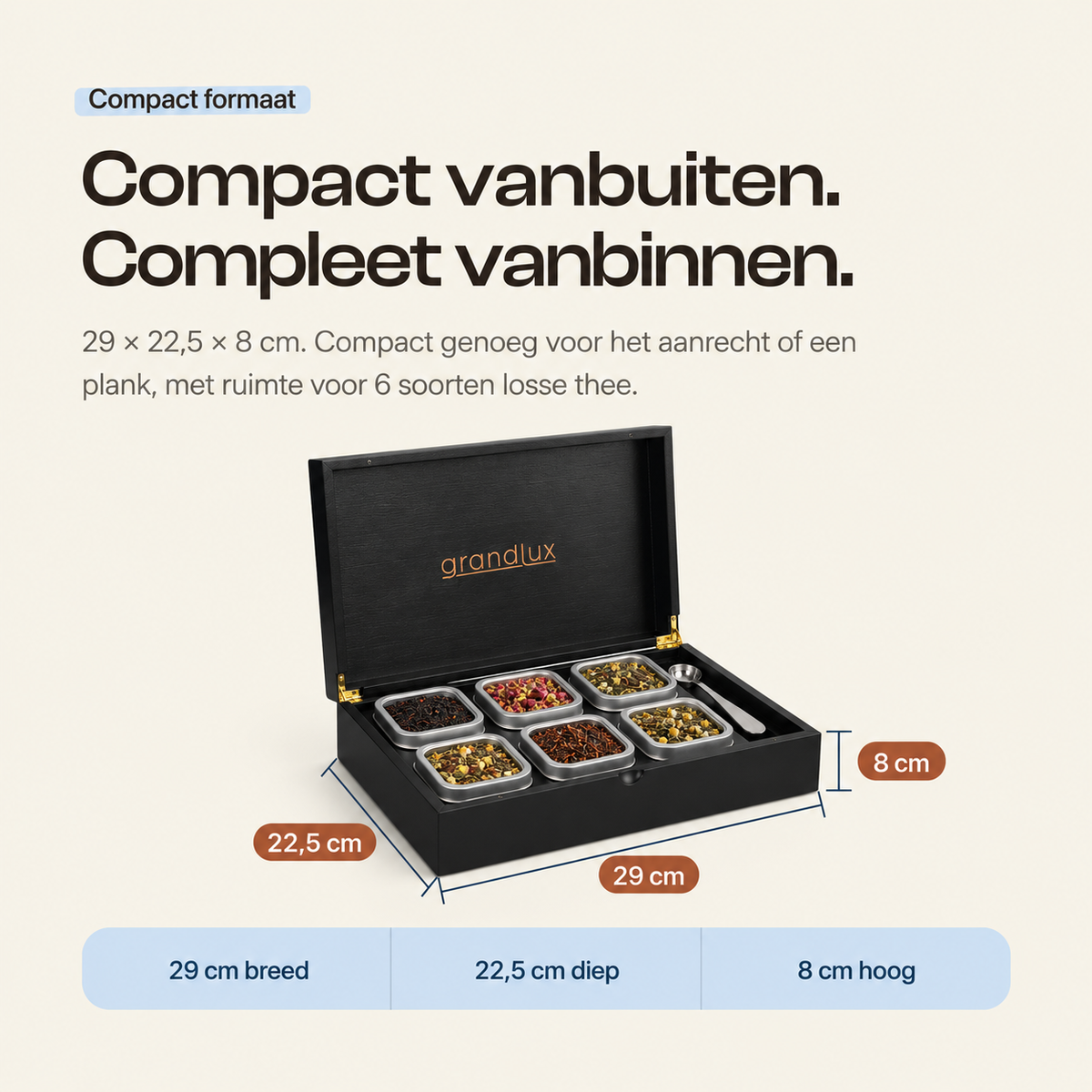 Grandlux Theedoos 6 vaks voor Losse Thee - Zwart