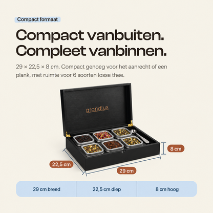 Grandlux Theedoos 6 vaks voor Losse Thee - Zwart