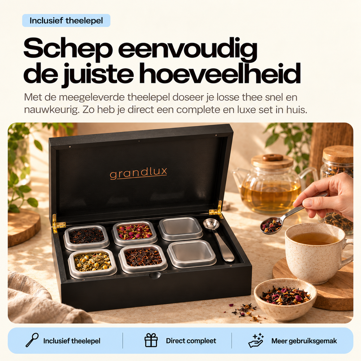 Grandlux Theedoos 6 vaks voor Losse Thee - Zwart