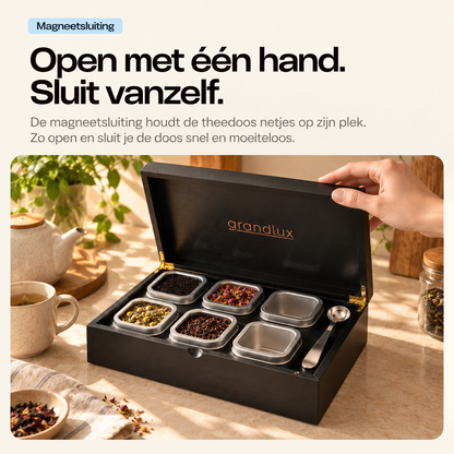 Grandlux Theedoos 6 vaks voor Losse Thee - Zwart