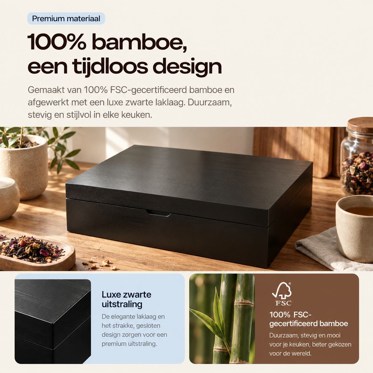 Grandlux Theedoos 6 vaks voor Losse Thee - Zwart