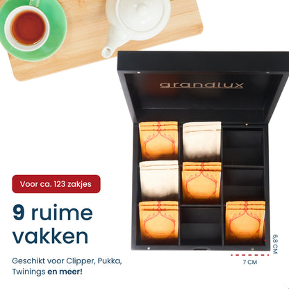 Grandlux Theedoos 9 Vaks – 100% FSC Bamboe – Zwart