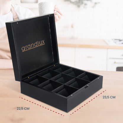 Grandlux Theedoos 9 Vaks – 100% FSC Bamboe – Zwart