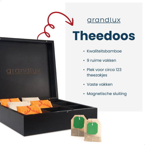Grandlux Theedoos 9 Vaks - Magneetsluiting - Ruime Vakken voor Pickwick, Pukka, Twinings, Clipper - Theekist - Zwart