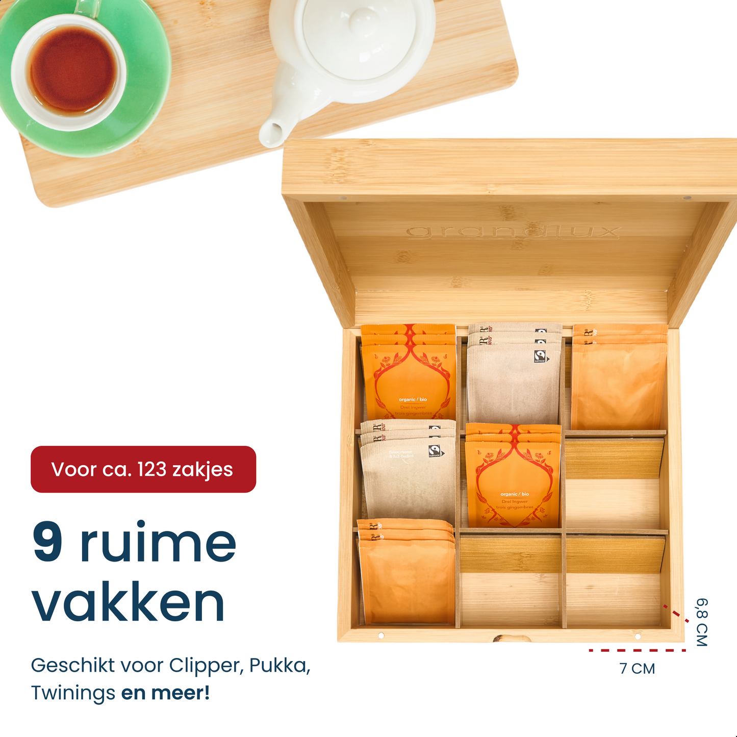 Grandlux Theedoos 9 Vaks - Ruime Vakken – 100% FSC Bamboe