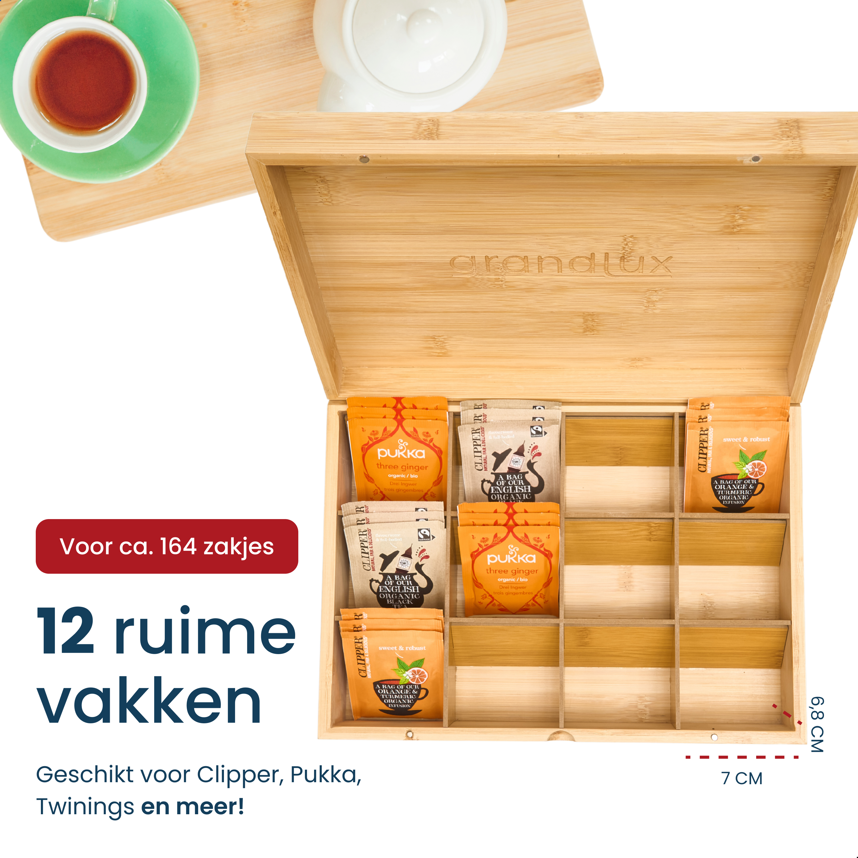 Grandlux Theedoos 12 Vaks - Ruime Vakken voor Pickwick, Pukka, Twinings, Clipper - Theekist - Bamboe