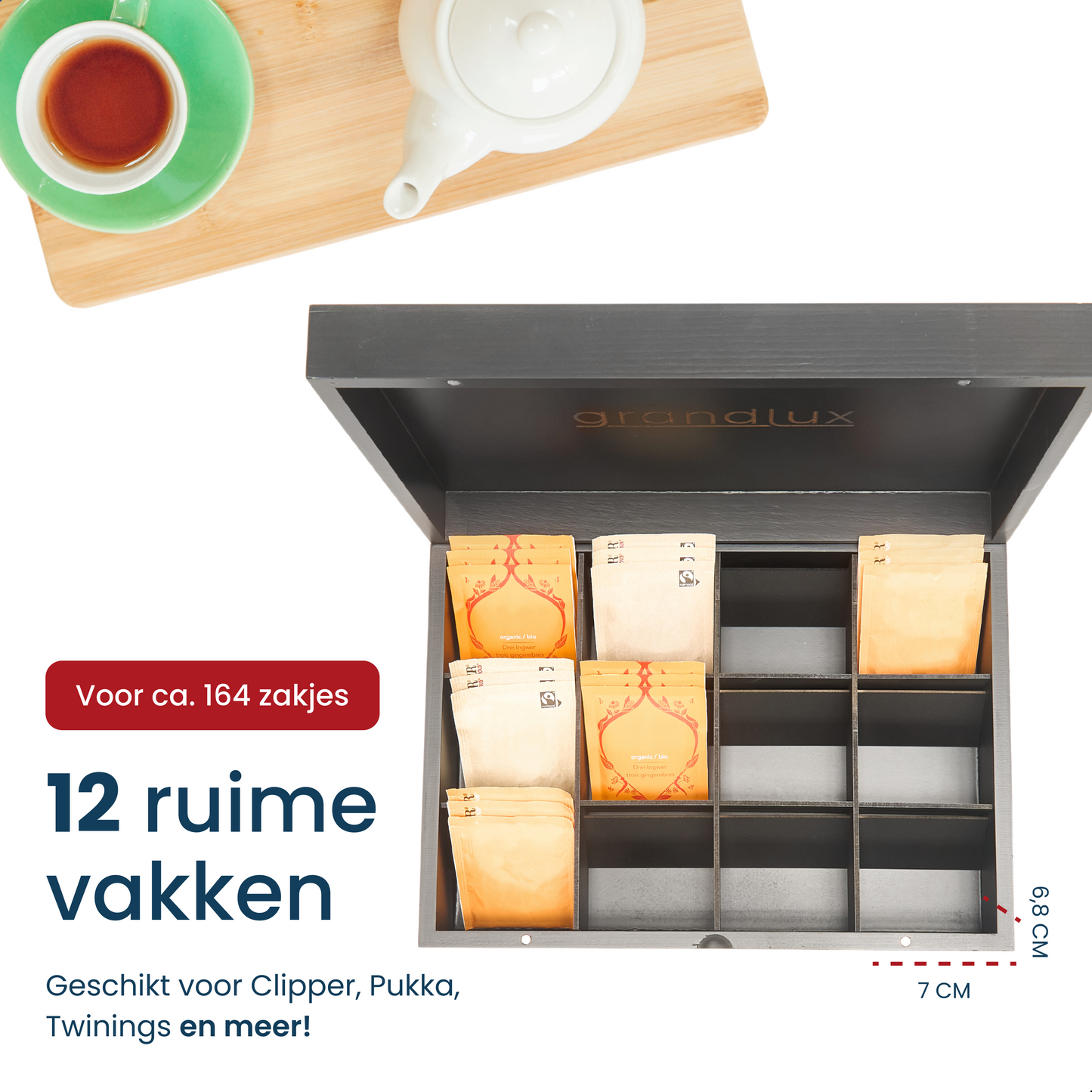 Grandlux Theedoos 12 Vaks - Ruime Vakken – 100% FSC Bamboe – Zwart