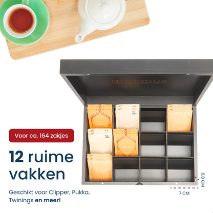 Grandlux Theedoos 12 Vaks - Ruime Vakken – 100% FSC Bamboe – Zwart
