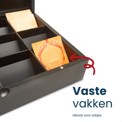 Grandlux Theedoos 12 Vaks - Ruime Vakken – 100% FSC Bamboe – Zwart