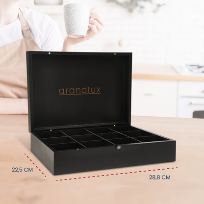 Grandlux Theedoos 12 Vaks - Ruime Vakken – 100% FSC Bamboe – Zwart