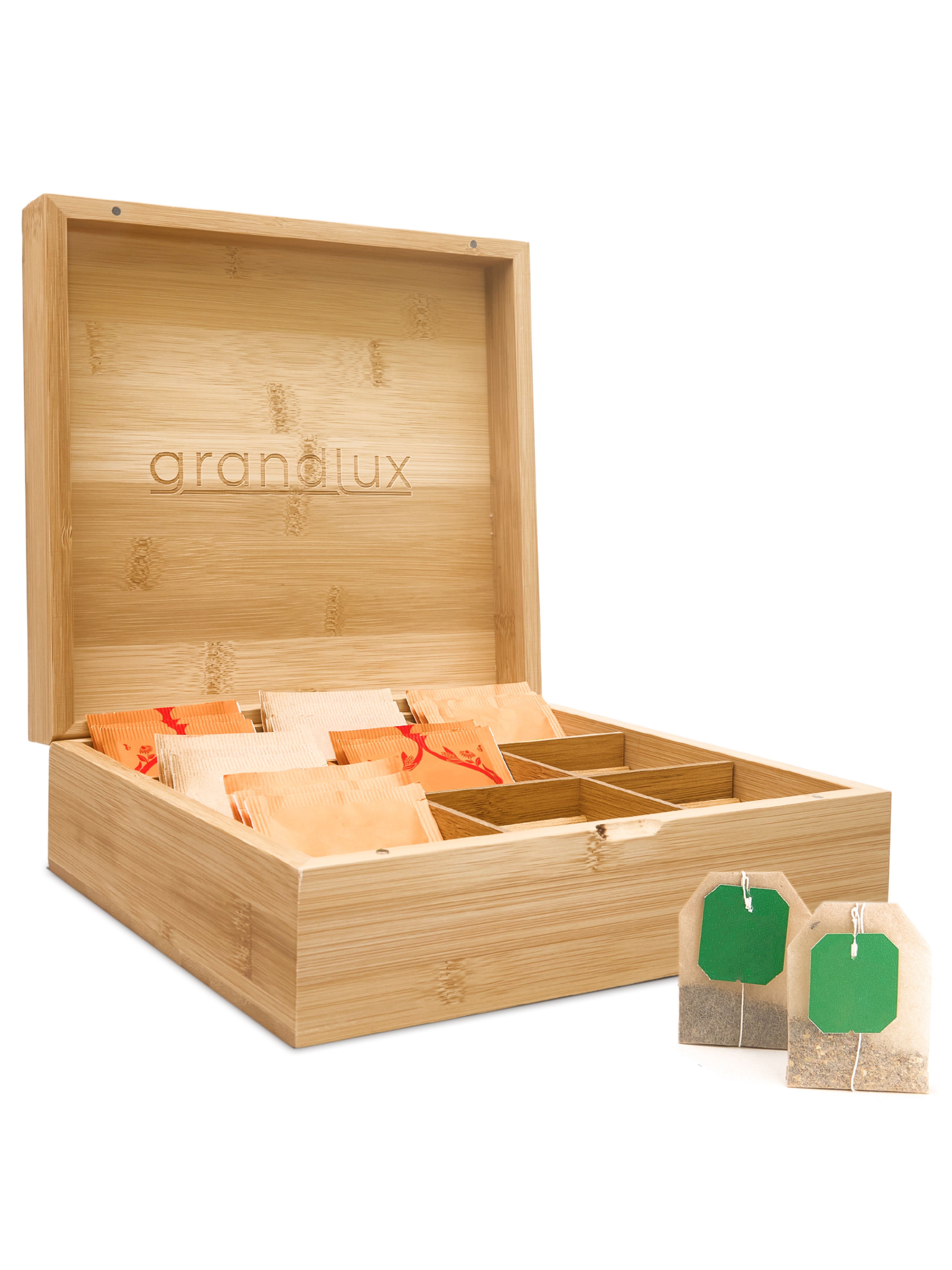 Grandlux Theedoos 9 Vaks - Ruime Vakken voor Clipper, Pukka, Twinings & Losse Thee - Theekist - Bamboe