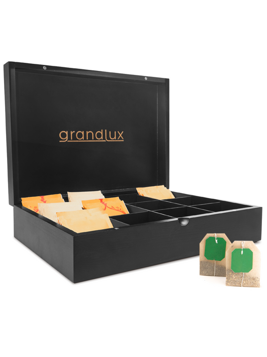 Grandlux Theedoos 12 Vaks - Ruime Vakken – 100% FSC Bamboe – Zwart