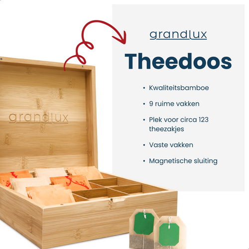 Grandlux Theedoos 9 Vaks - Ruime Vakken voor Clipper, Pukka, Twinings & Losse Thee - Theekist - Bamboe
