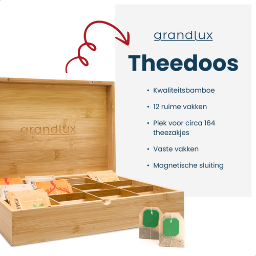 Grandlux Theedoos 12 Vaks - Ruime Vakken voor Pickwick, Pukka, Twinings, Clipper - Theekist - Bamboe
