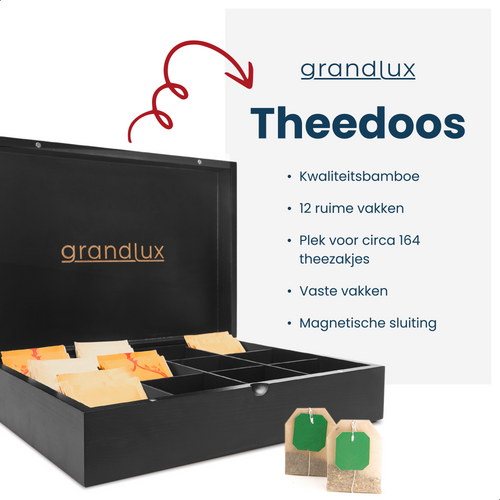 Grandlux Theedoos 12 Vaks - Ruime Vakken voor Pickwick, Pukka, Twinings, Clipper - Theekist - Zwart