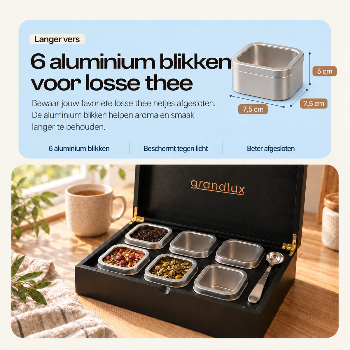 Grandlux Theedoos 6 vaks voor Losse Thee - Zwart