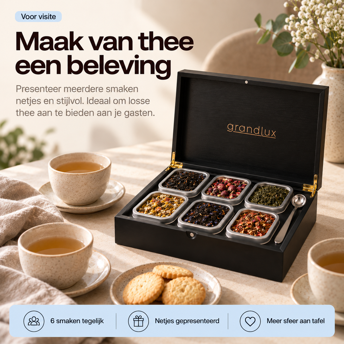 Grandlux Theedoos 6 vaks voor Losse Thee - Zwart