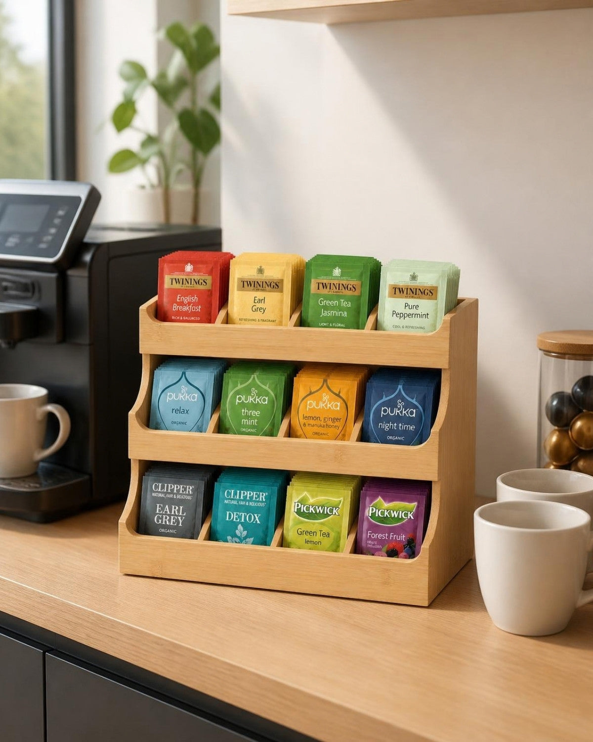 Grandlux theedoos 12 vaks met capsulehouder in een kantoor-koffiecorner