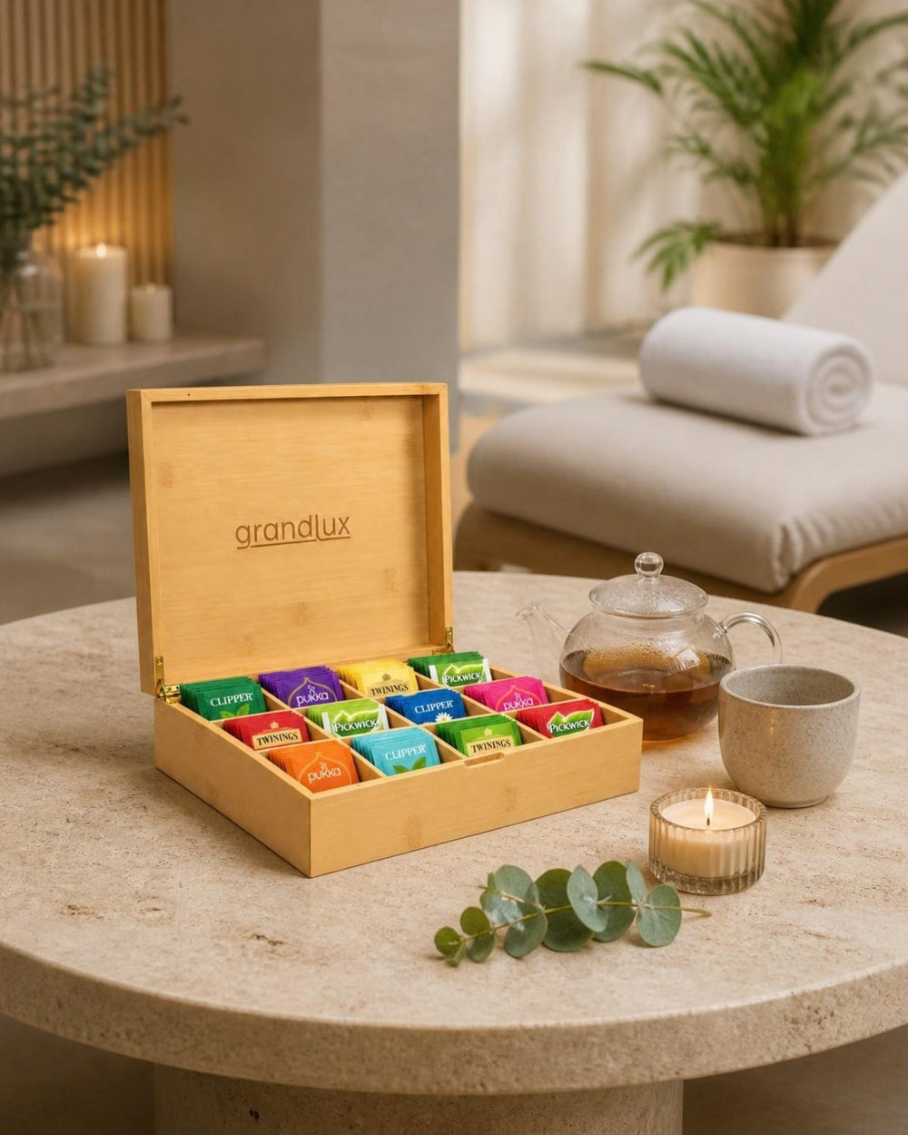 Grandlux theedoos naturel in de relaxruimte van een spa