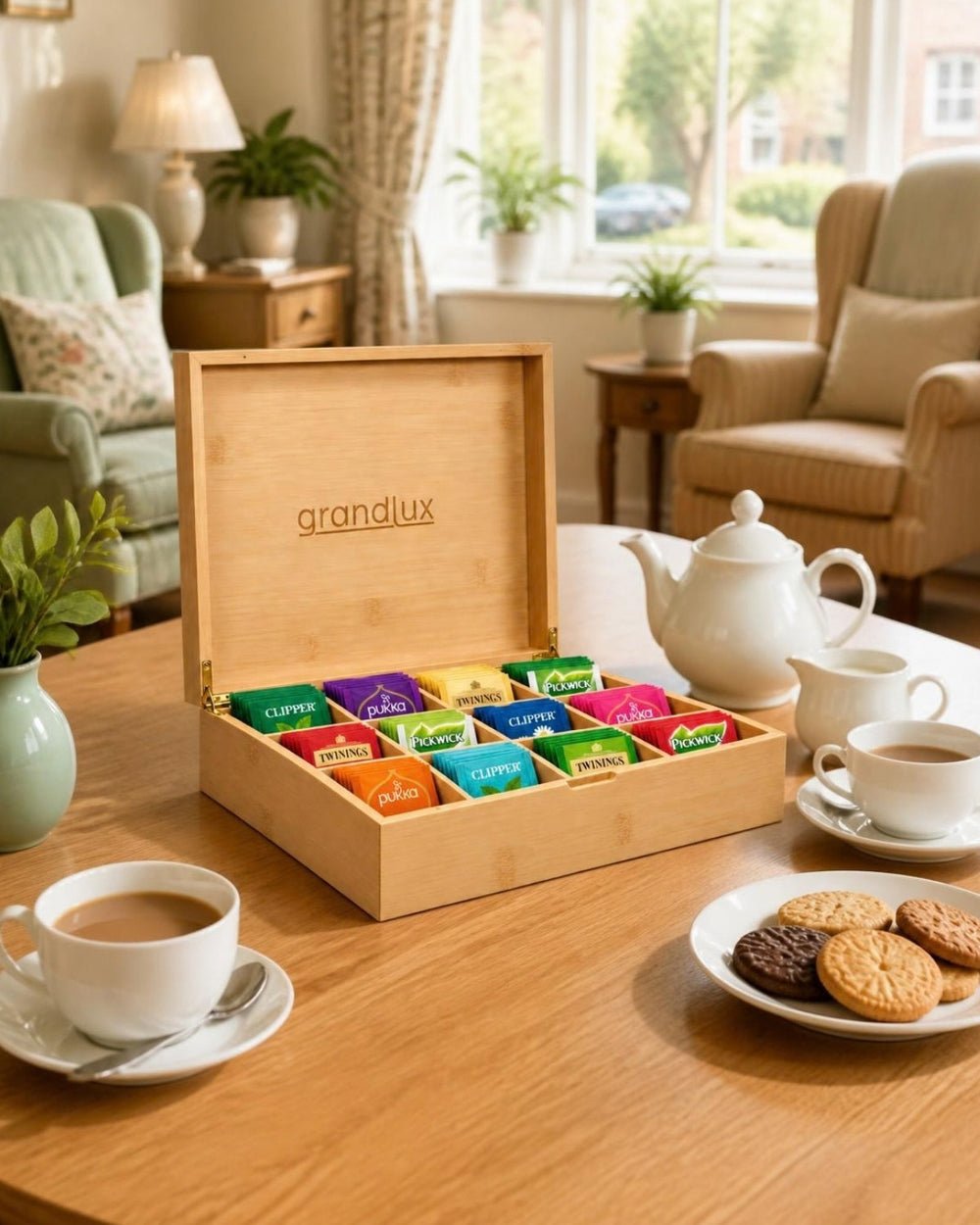 Grandlux theedoos naturel op de eettafel van een woongroep