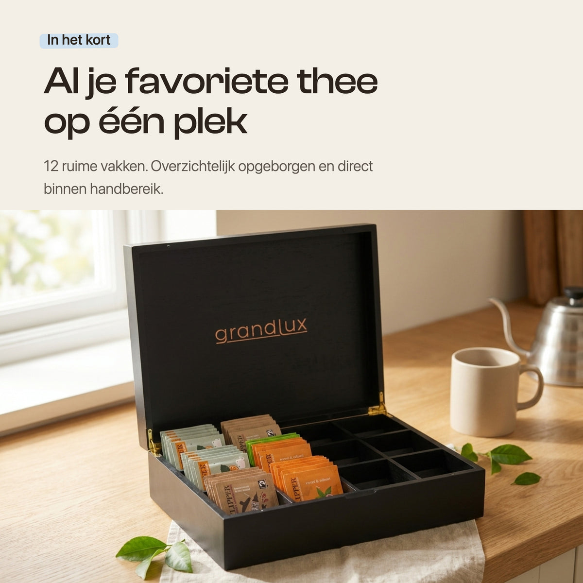 Grandlux Theedoos 12 Vaks - Zwart